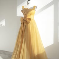 Yellow tulle long prom dress A line evening dress - Thumbnail 4