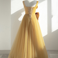 Yellow tulle long prom dress A line evening dress - Thumbnail 5