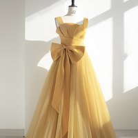 Yellow tulle long prom dress A line evening dress - Thumbnail 6