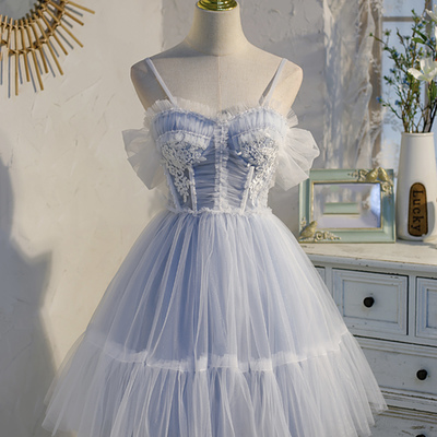 Cute tulle lace short prom dress blue evening dress - Thumbnail 2