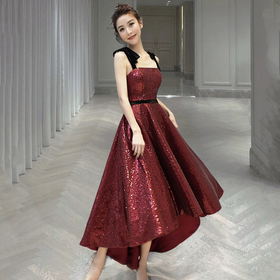 Burgundy sequins high low prom dress homecoming dress - Thumbnail 3