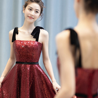 Burgundy sequins high low prom dress homecoming dress - Thumbnail 1