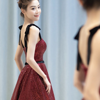 Burgundy sequins high low prom dress homecoming dress - Thumbnail 2