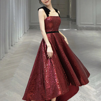 Burgundy sequins high low prom dress homecoming dress - Thumbnail 3
