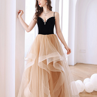 Champagne tulle long prom dress A line evening dress - Thumbnail 1