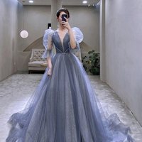 Blue tulle long prom dress A line evening gown - Thumbnail 1