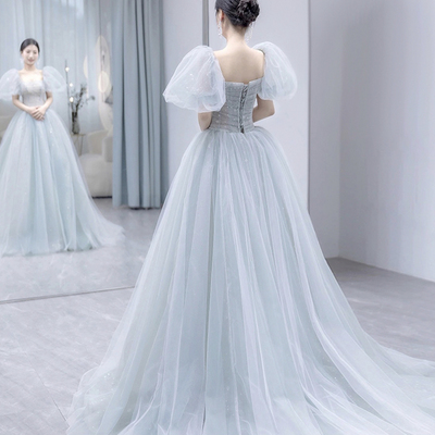 Cute tulle long prom dress a line evening gown - Thumbnail 2