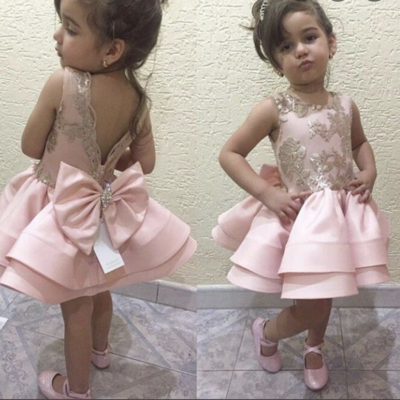 Pink flower girl dresses with lace applique - Thumbnail 2