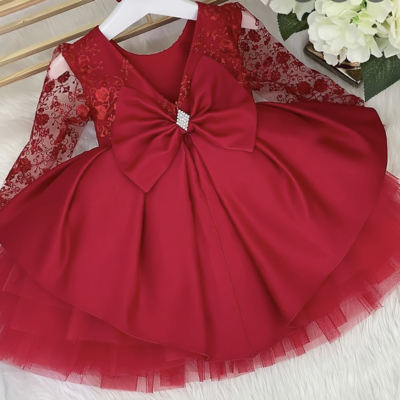 Red flower girl dresses v back with bowknot - Thumbnail 2