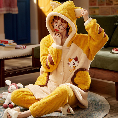 Kawaii cat hooded pajamas set fleece nightwear