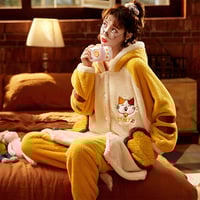 Kawaii Cat Hooded Pajamas Set Fleece Nightwear - Thumbnail 3