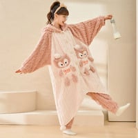 Pink Fox Hooded Pajamas Set Fleece Nightwear - Thumbnail 2