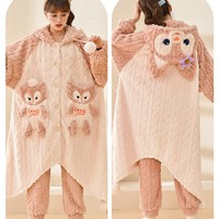 Pink Fox Hooded Pajamas Set Fleece Nightwear - Thumbnail 4