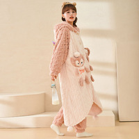 Pink Fox Hooded Pajamas Set Fleece Nightwear - Thumbnail 3