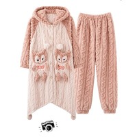 Pink Fox Hooded Pajamas Set Fleece Nightwear - Thumbnail 5