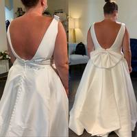 A-Line V Neck White Satin Plus Size Wedding Dresses with Bow - Thumbnail 2