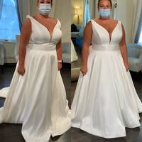 A-Line V Neck White Satin Plus Size Wedding Dresses with Bow - Thumbnail 1