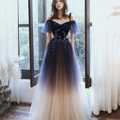 Cute tulle long a line prom dress blue evening dress - Thumbnail 2