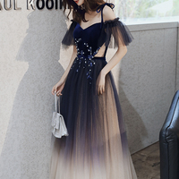 Cute tulle long A line prom dress blue evening dress - Thumbnail 1