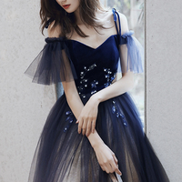 Cute tulle long A line prom dress blue evening dress - Thumbnail 2
