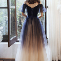Cute tulle long A line prom dress blue evening dress - Thumbnail 4