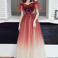 Cute tulle long A line prom dress blue evening dress - Thumbnail 5