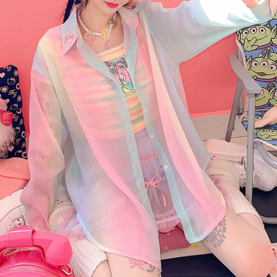 Heart embroidery colorful gradient see-through blouse jacket