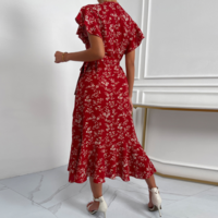 Fashion V-Neck Short Sleeve High Waist Print Dress - Thumbnail 4