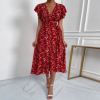 Fashion V-Neck Short Sleeve High Waist Print Dress - Thumbnail 3