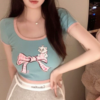 Free Shipping Bowknot Kitty Cat Print Crop Top - Thumbnail 1