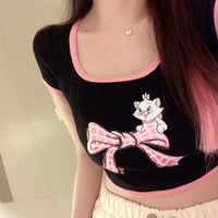 Free Shipping Bowknot Kitty Cat Print Crop Top - Thumbnail 3