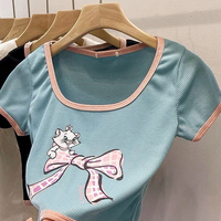 Free Shipping Bowknot Kitty Cat Print Crop Top - Thumbnail 4