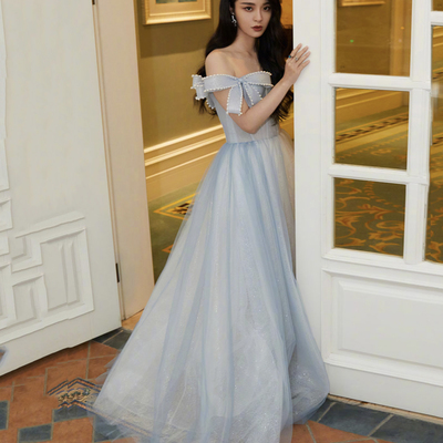 Lovely bow tulle long prom dress blue evening dress - Thumbnail 1