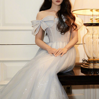 Lovely Bow Tulle Long Prom Dress Blue Evening Dress - Thumbnail 1