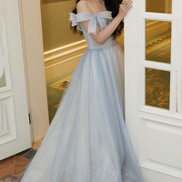Lovely Bow Tulle Long Prom Dress Blue Evening Dress - Thumbnail 3