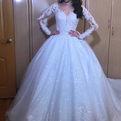 Sp2117,charming white sequin wedding dresses,lace applique long sleeves wedding ball gown