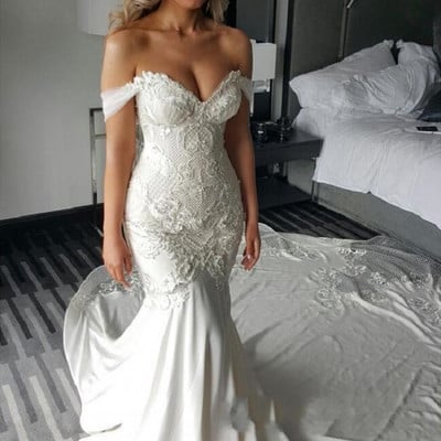 Sp2120,beautiful off-the-shoulder delicate mermaid train lace-appliques wedding dress mermaid wedding dress