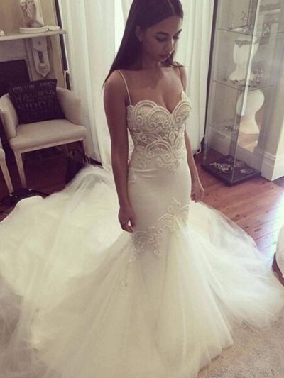 SP2122,Ivory mermaid wedding dresses tulle spaghetti straps bridal dress white wedding gown