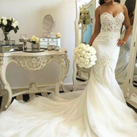 SP2122,Ivory mermaid wedding dresses tulle spaghetti straps bridal dress white wedding gown - Thumbnail 1