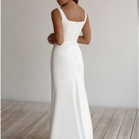 SP2123,Chic Elegant Mermaid Square Neck Soft Satin Wedding Dresses,White Long Bridal Dress - Thumbnail 1
