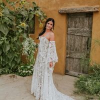 SP2124,Bohemian Mermaid Lace Wedding Dress, Off Shoulder Lace Wedding Dress,Unique Long Bridal Dress - Thumbnail 2