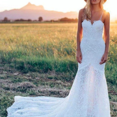 Sp2128,new floral lace spaghetti straps wedding dresses mermaid court train open back lace wedding gown