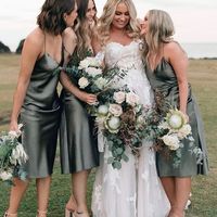 SP2133,Dark green spaghetti straps bridesmaid dresses,silk satin midi dress - Thumbnail 1