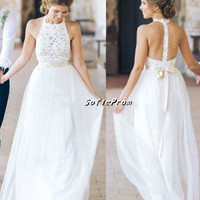 SP2138,Charming halter lace tulle wedding dresses white bridal dress - Thumbnail 1