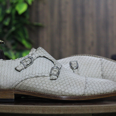 Handmade python texture leather monk shoes , dress formal shoes, green two tone shoes - Thumbnail 1