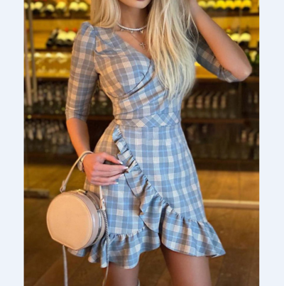 Long Sleeve Check Ruffle Dress
