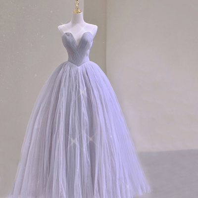 Purple tulle long prom dress a line evening gown - Thumbnail 1