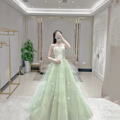 Green tulle lace long prom dress green evening dress - Thumbnail 1