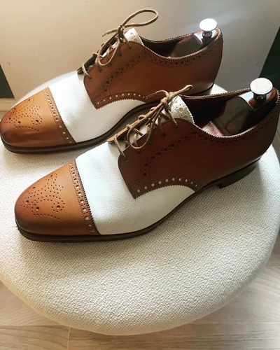 Classic Hand Stitch Men's Brown White Cap Toe Genuine Leather Lace Up Shoes