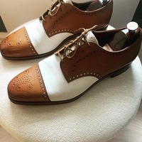 Classic Hand Stitch Men's Brown White Cap Toe Genuine Leather Lace Up Shoes - Thumbnail 1
